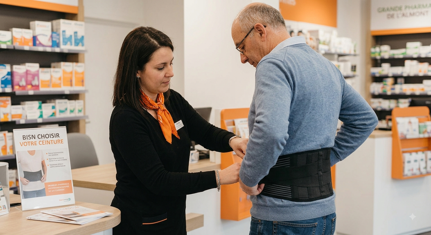 Essayage d'une ceinture lombaire à la Grande Pharmacie de l'Almont